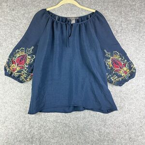 Olivia & Martin Woven Top Womens M Blue Embroidered Sleeves Boho Pullover Blouse